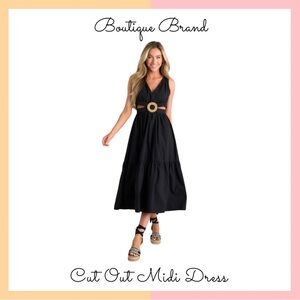 Black Cut Out Midi Dress with Rattan Detail